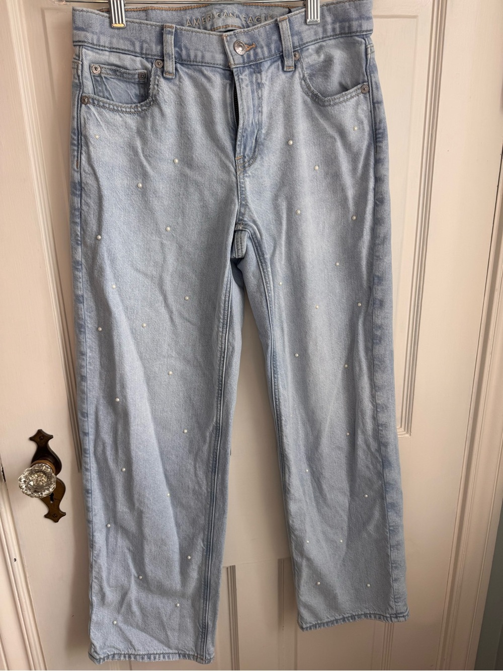 American Eagle Outfitters Light Blue Pearl-Studded Straight-Leg Jeans